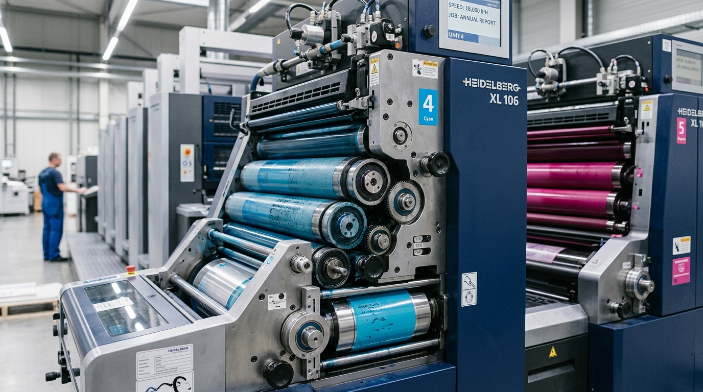 Heidelberg multi-unit offset printing press towers with ink rollers