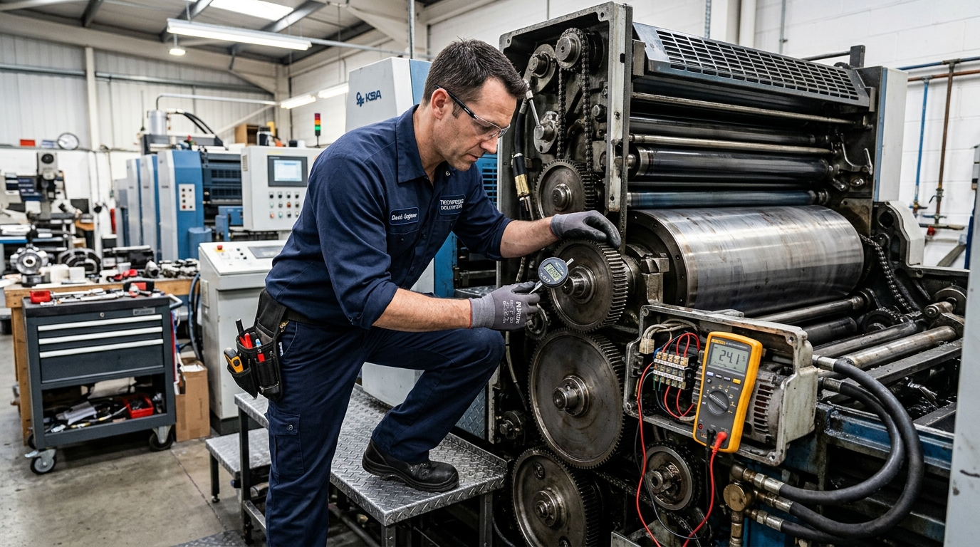 Senior service engineer conducting mechanical diagnostics on industrial printing press